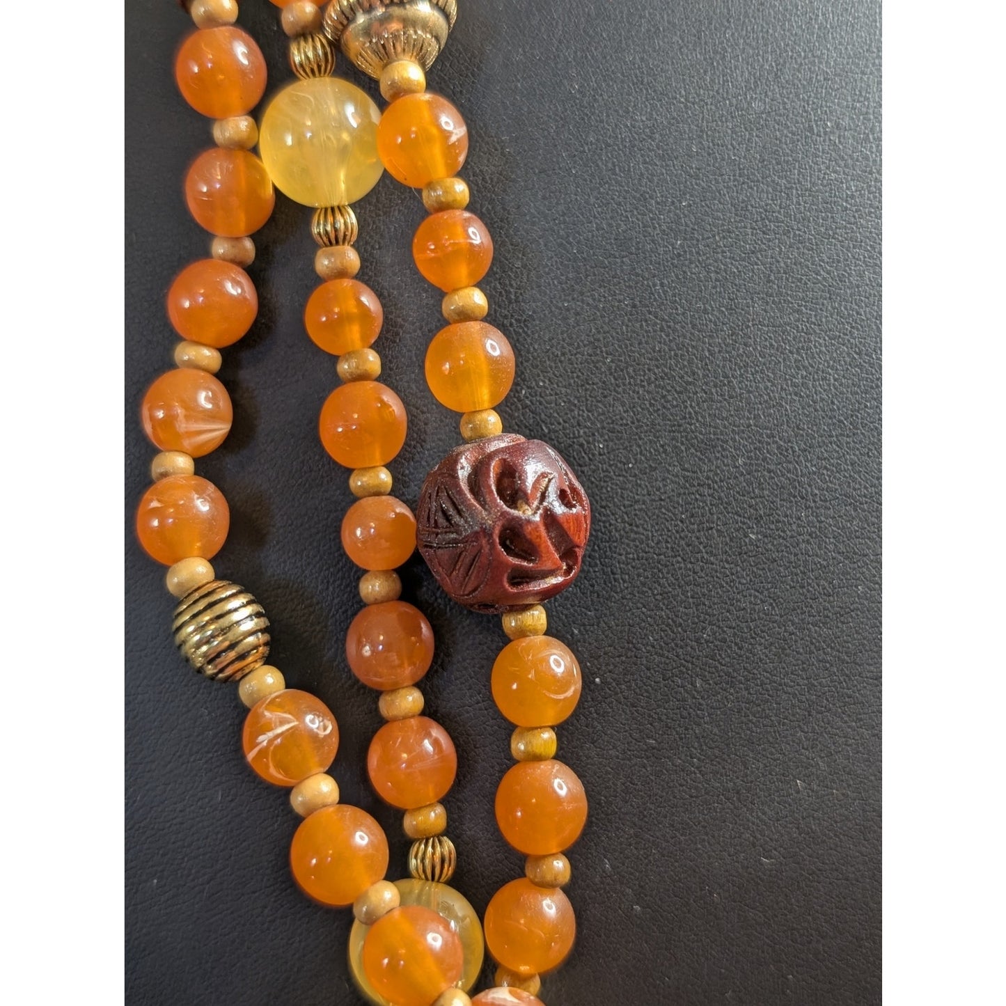 Vintage Signed Avon 3-Strand Faux Amber Carved Cinnabar Wood Bead 35" Necklace