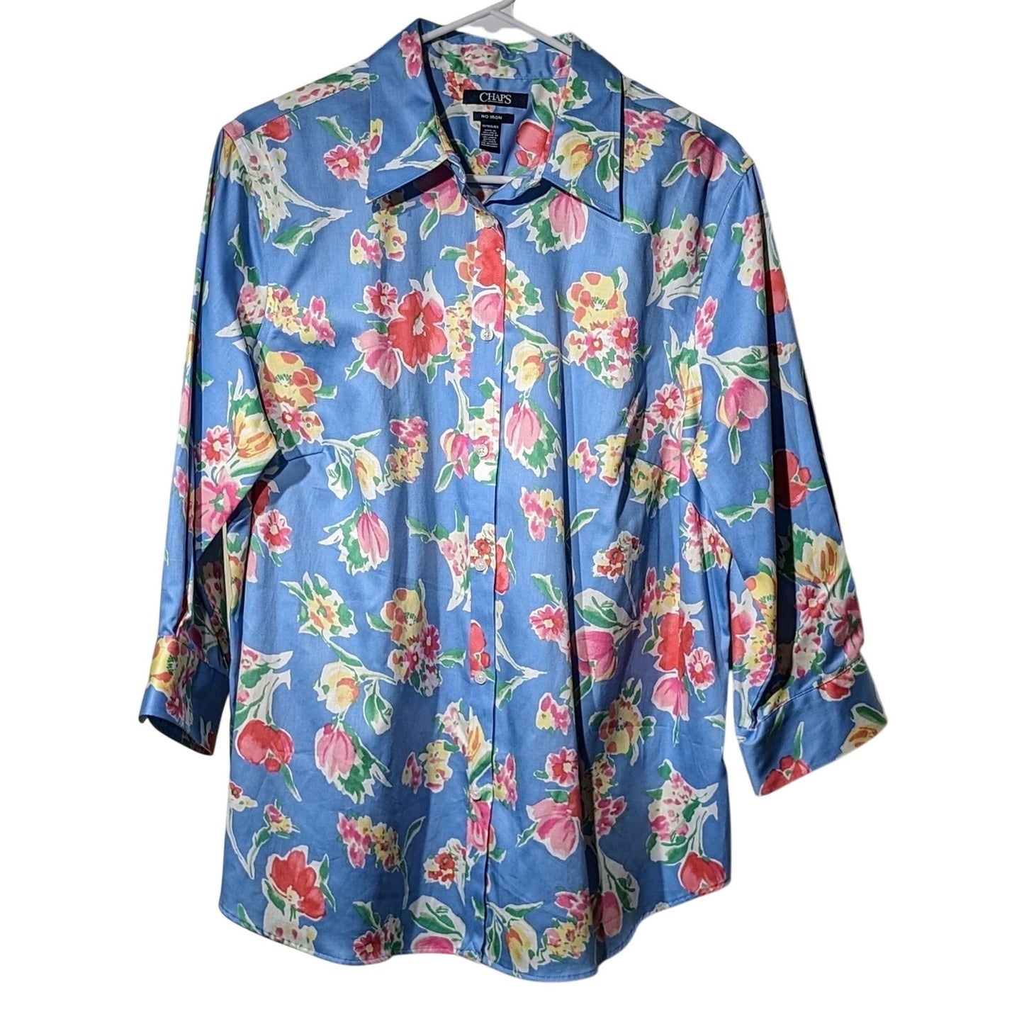 CHAPS No Iron 3/4 Sleeve Button Up Blue Floral Blouse NWOT Womens Sz 1X