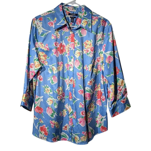 CHAPS No Iron 3/4 Sleeve Button Up Blue Floral Blouse NWOT Womens Sz 1X