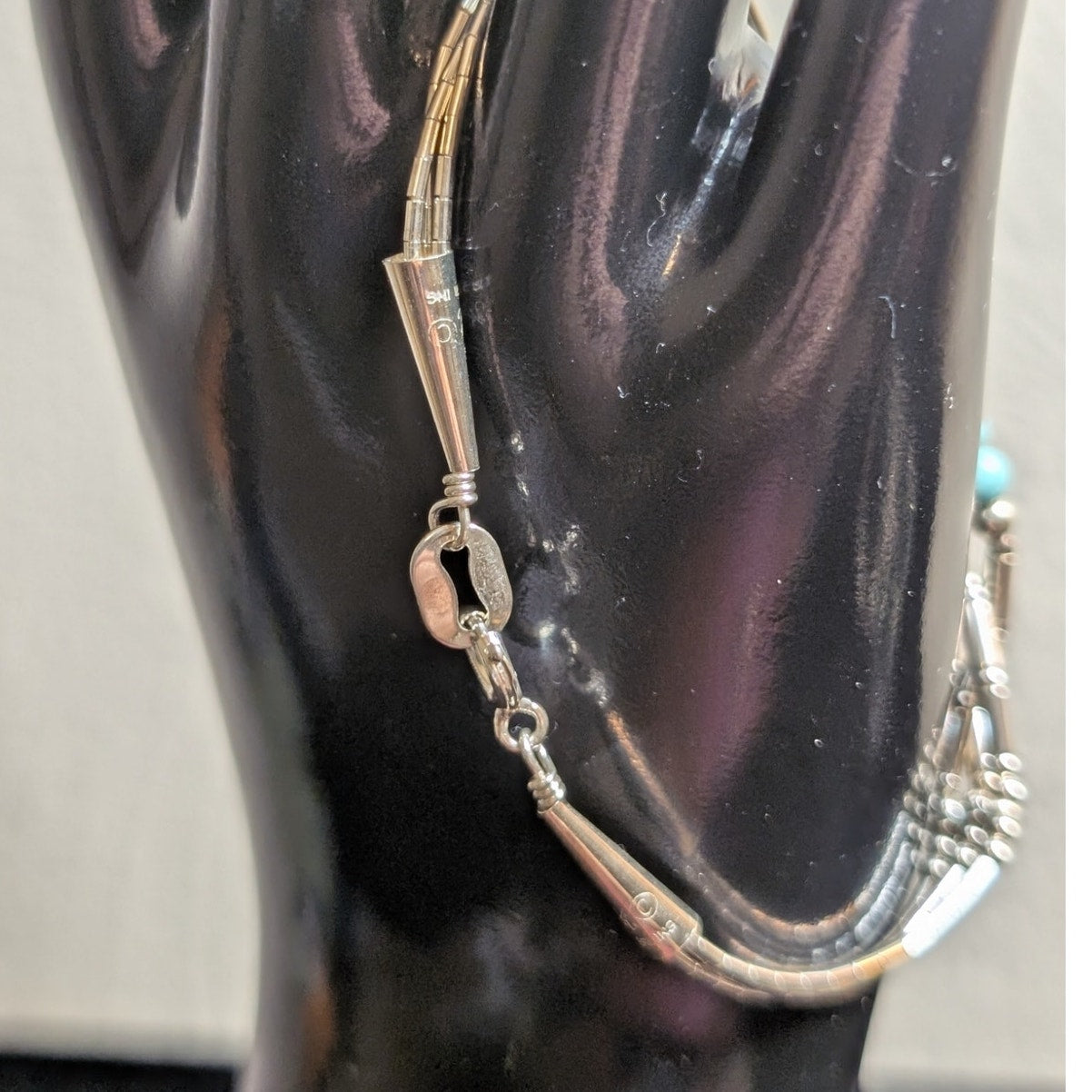 VTG Navajo Signed Turquoise Bead Three Strand Liquid Sterling Silver Bracelet