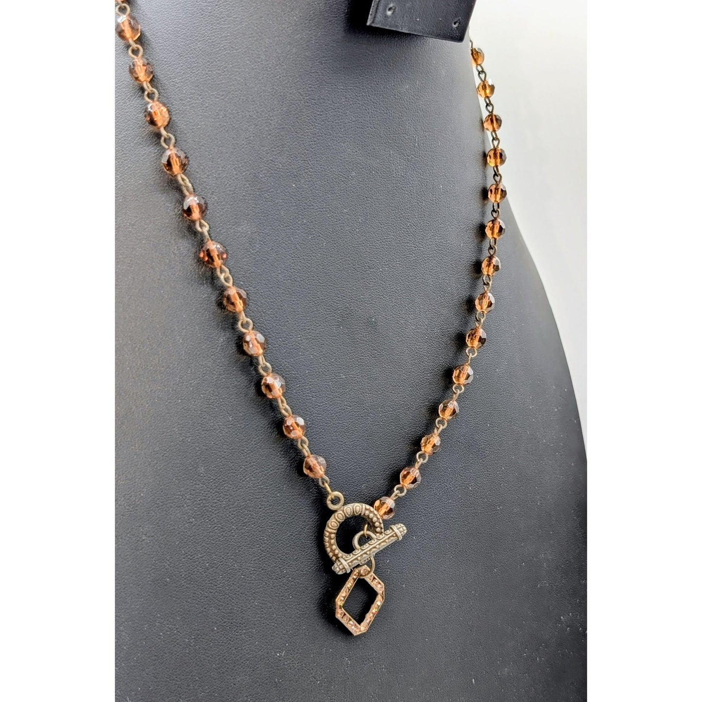 Vtg Amber Color Czech Glass Bead Toggle Clasp Rhinestone Pendant 21" Necklace
