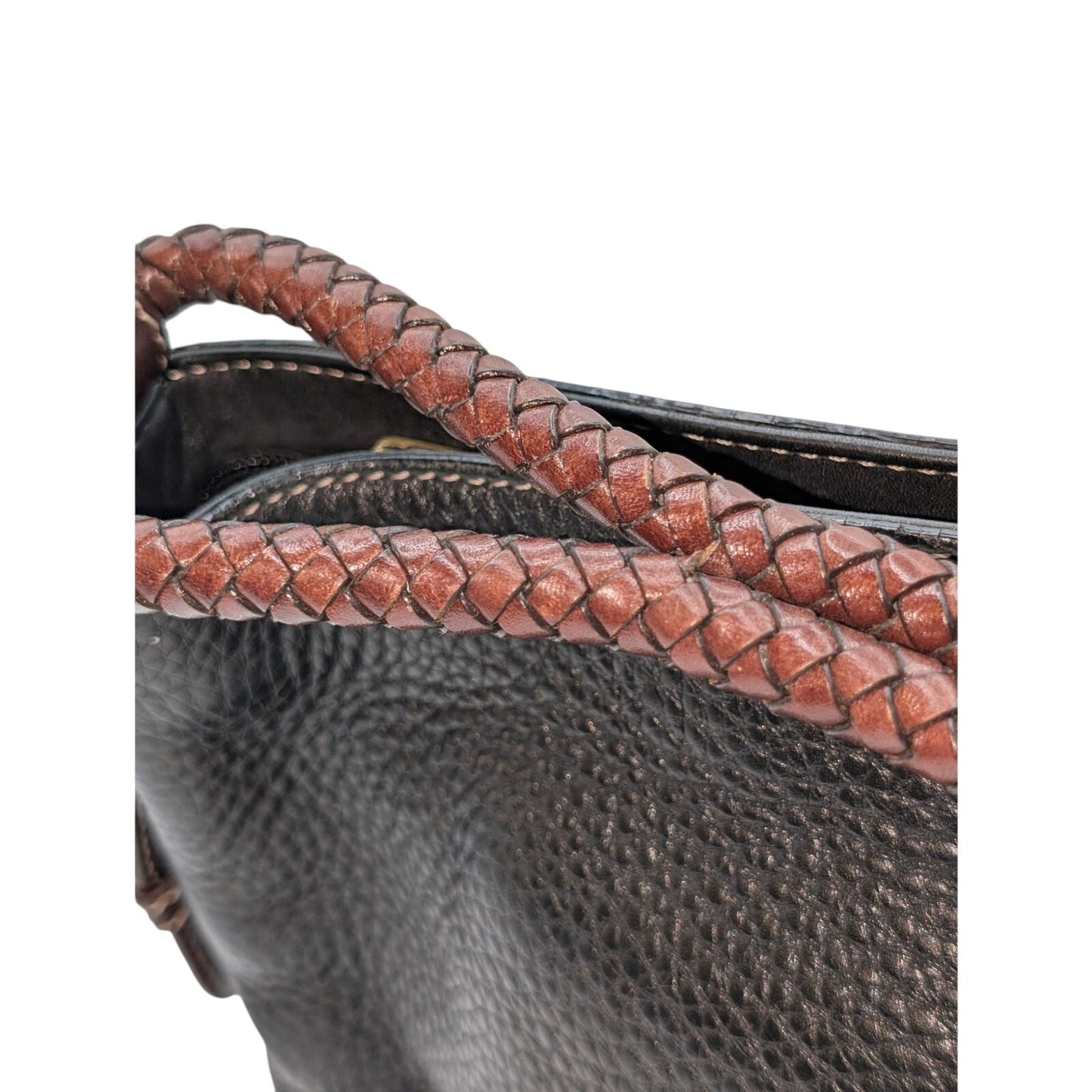 Vintage Fossil Black Brown Pebbled Leather Braided Handle Shoulder Bag