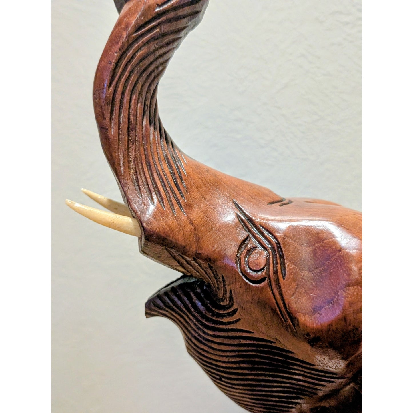 VTG Mid 20th Century Hand Carved Trunk Up Tusked Wooden Elephant Sculpture