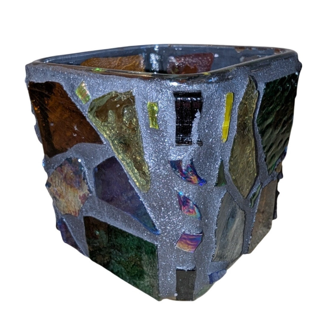 Vintage Mid-Century Brutalist Made in Mexico Stained Glass Mosaic Candle Holder