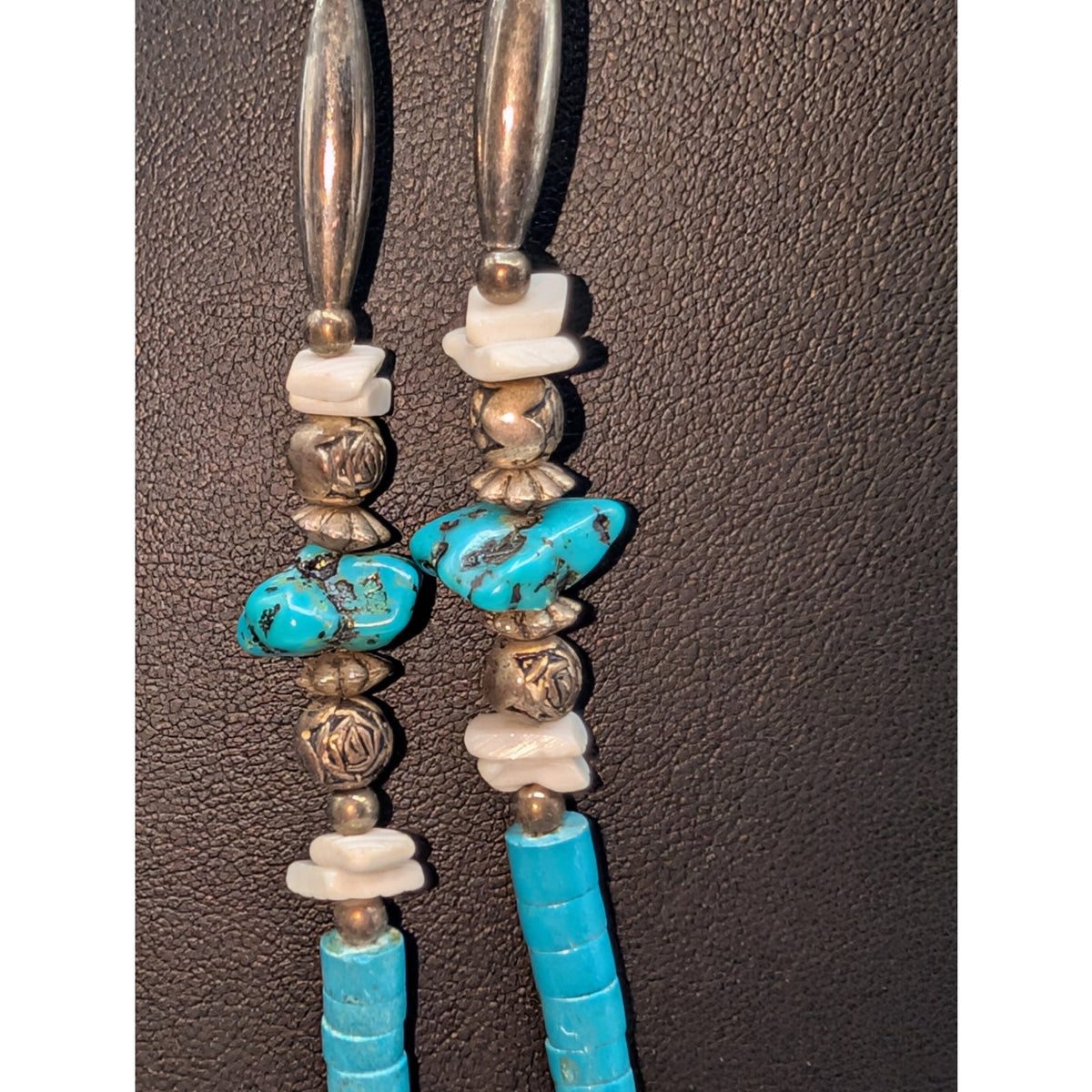 1970s Native American Liquid Silver Turquoise Double Strand Beaded Necklace