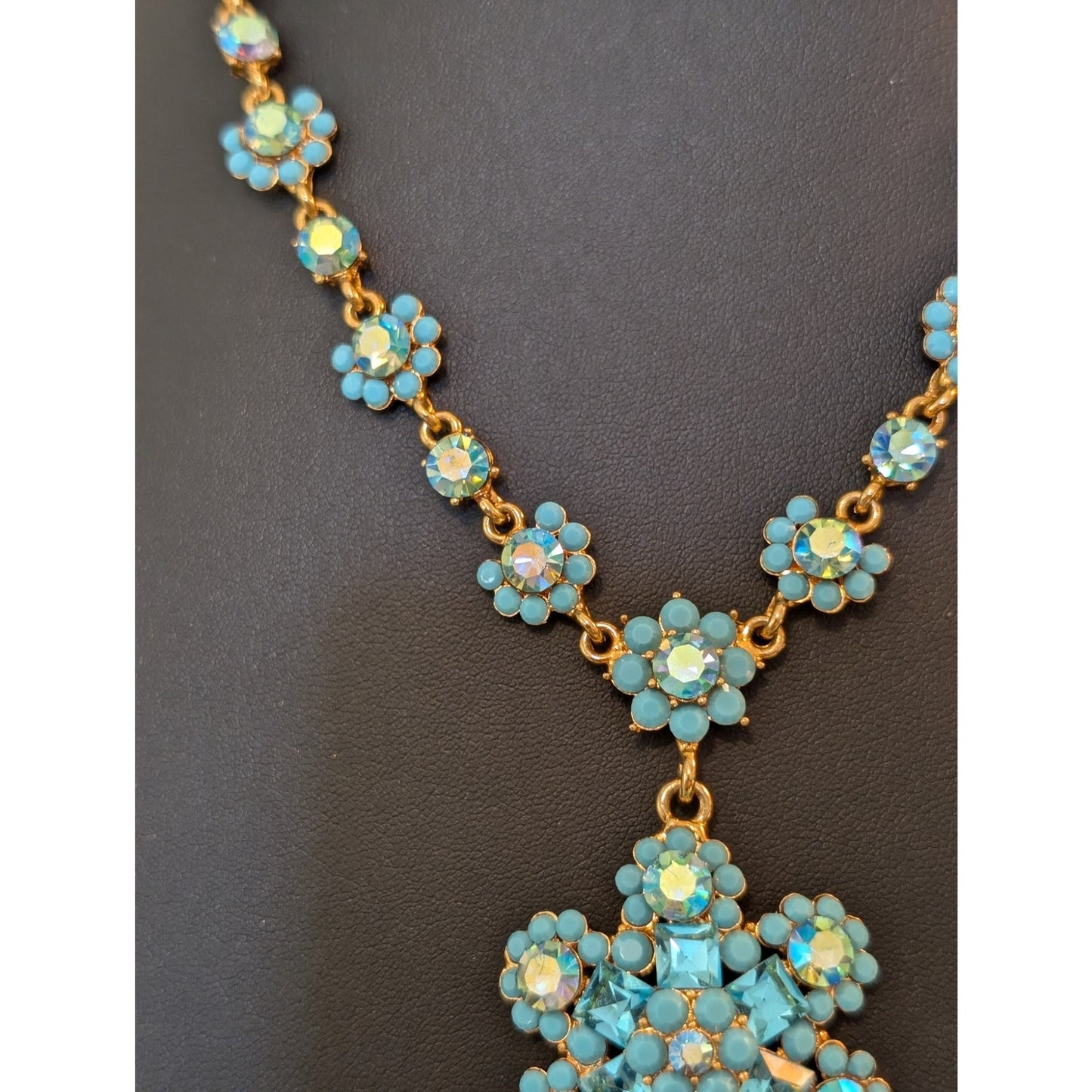 Authentic Cara Blue AB Crystal Gold Tone Pendant 16" - 20.5" Necklace