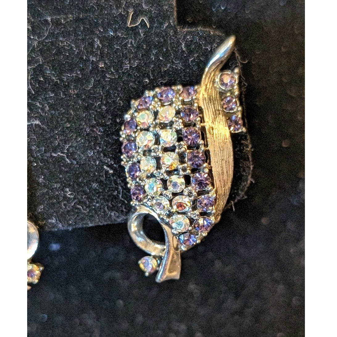 Vintage Purple and AB Crystal Silver Tone Clip On Earrings