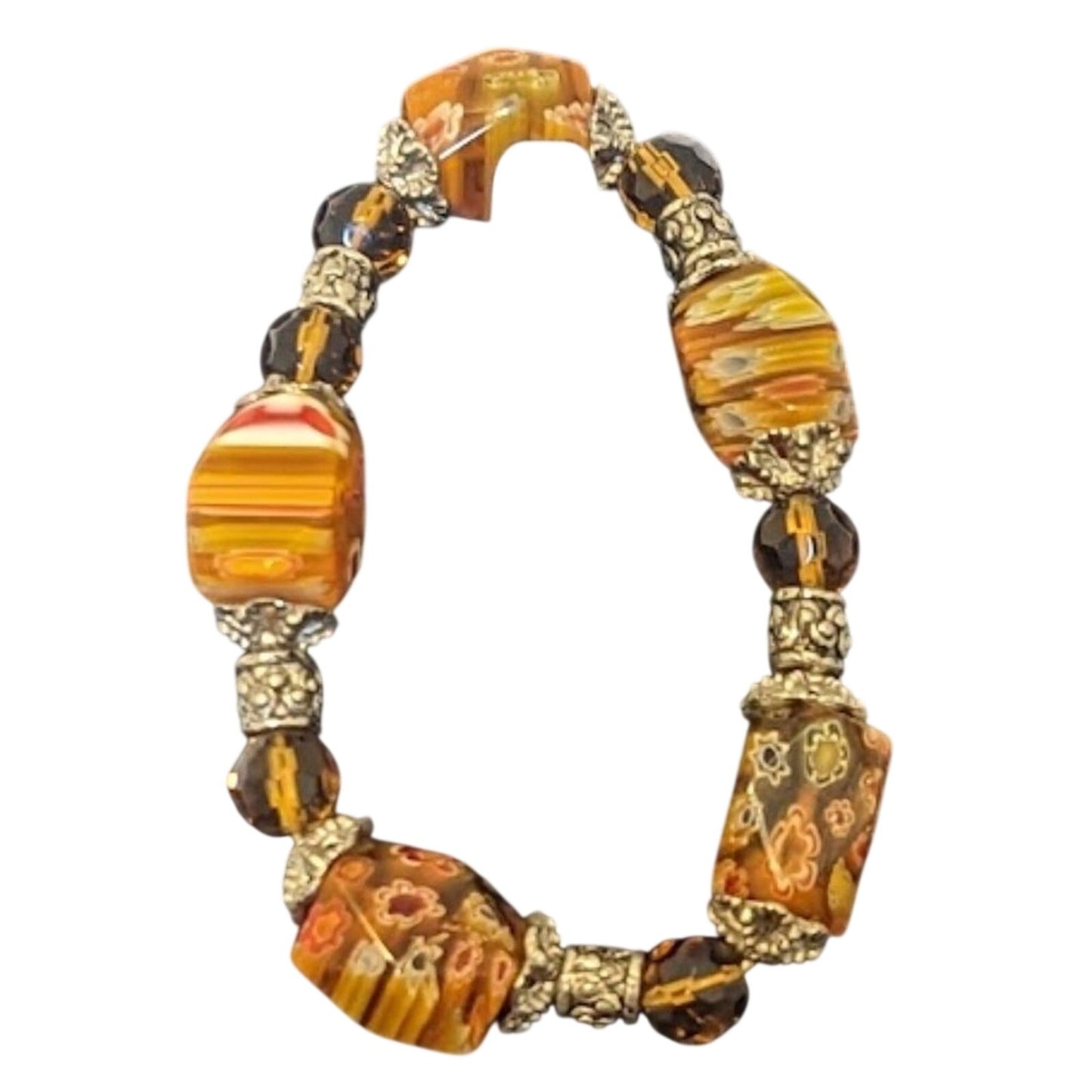 Millefiori Orange Glass Flower & Amber Beaded Stretch Bracelet