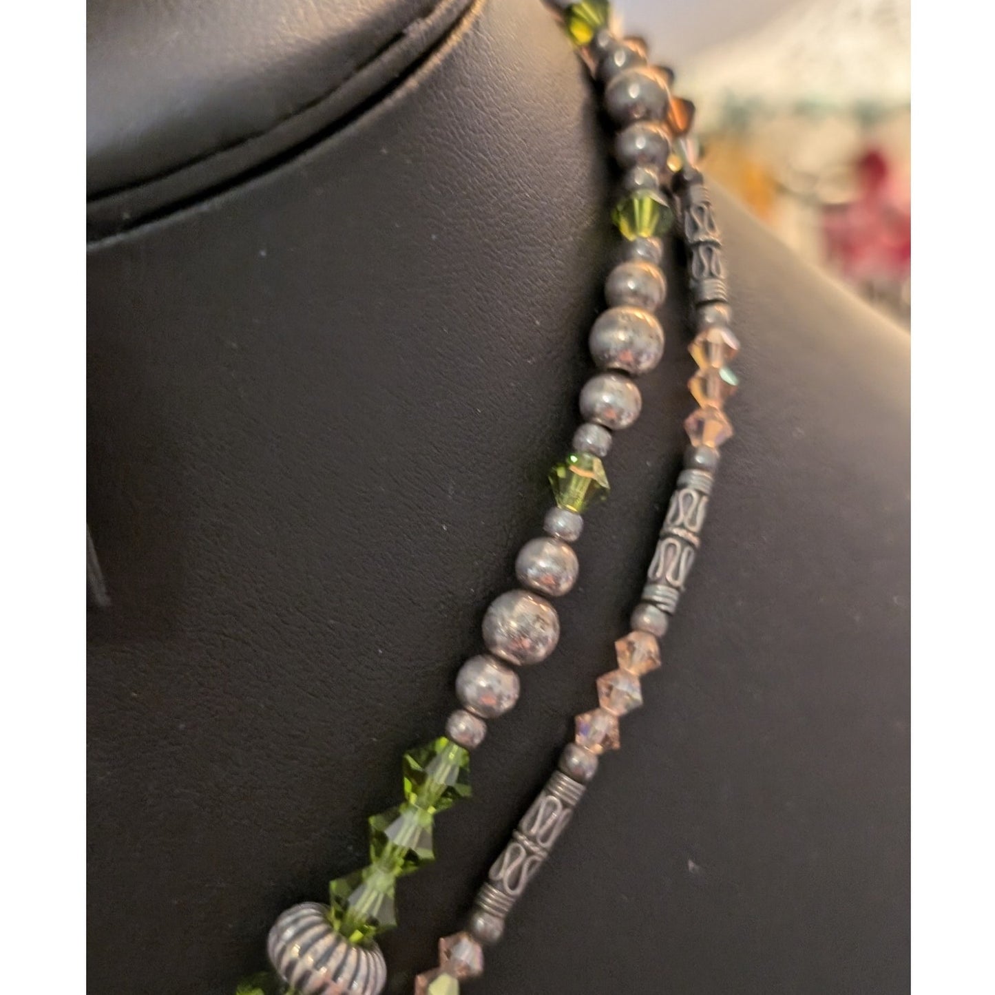 Two 925 Sterling Green Champagne Smoky Topaz Crystal Balinese Bead Necklaces