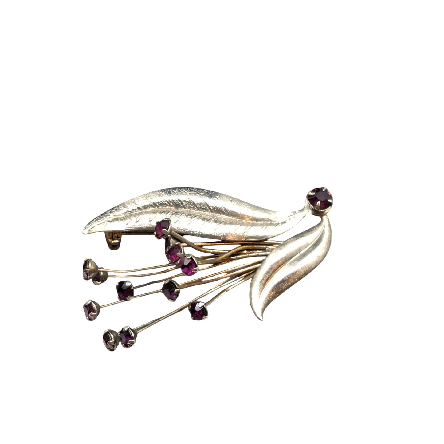 Vintage Garnet Rhinestone Spray of Wire Flowers & Leaves Silver Tone Brooch