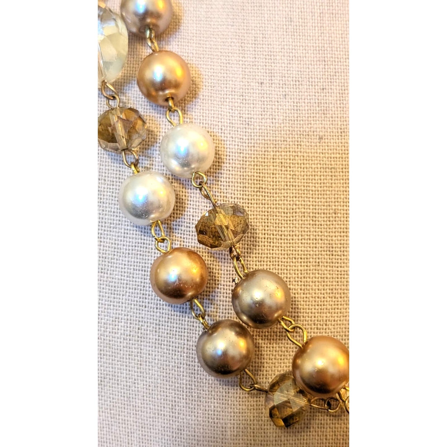 Gold Champagne Cream Pearl Crystal Bead Long 43" Necklace