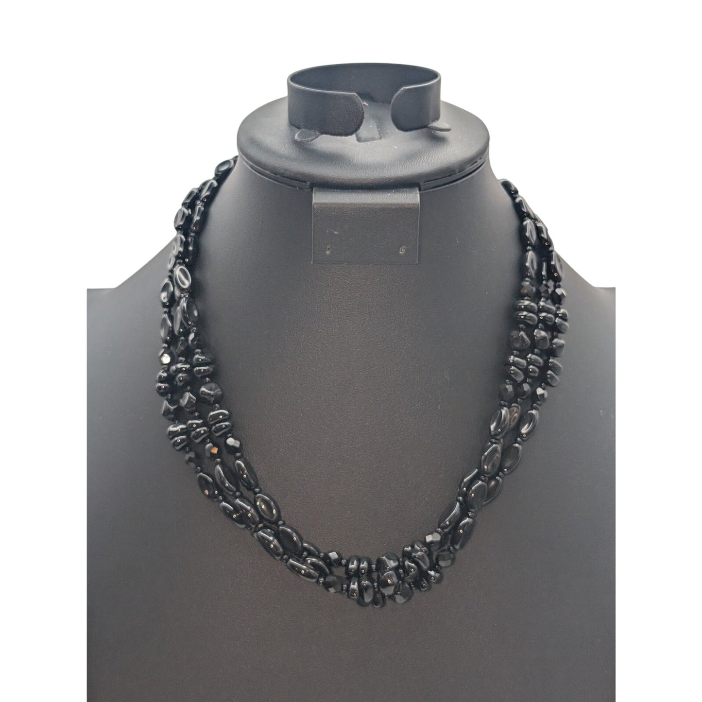 Vintage Three Strand Black Glass Beaded Slide In Fancy Clasp Necklace