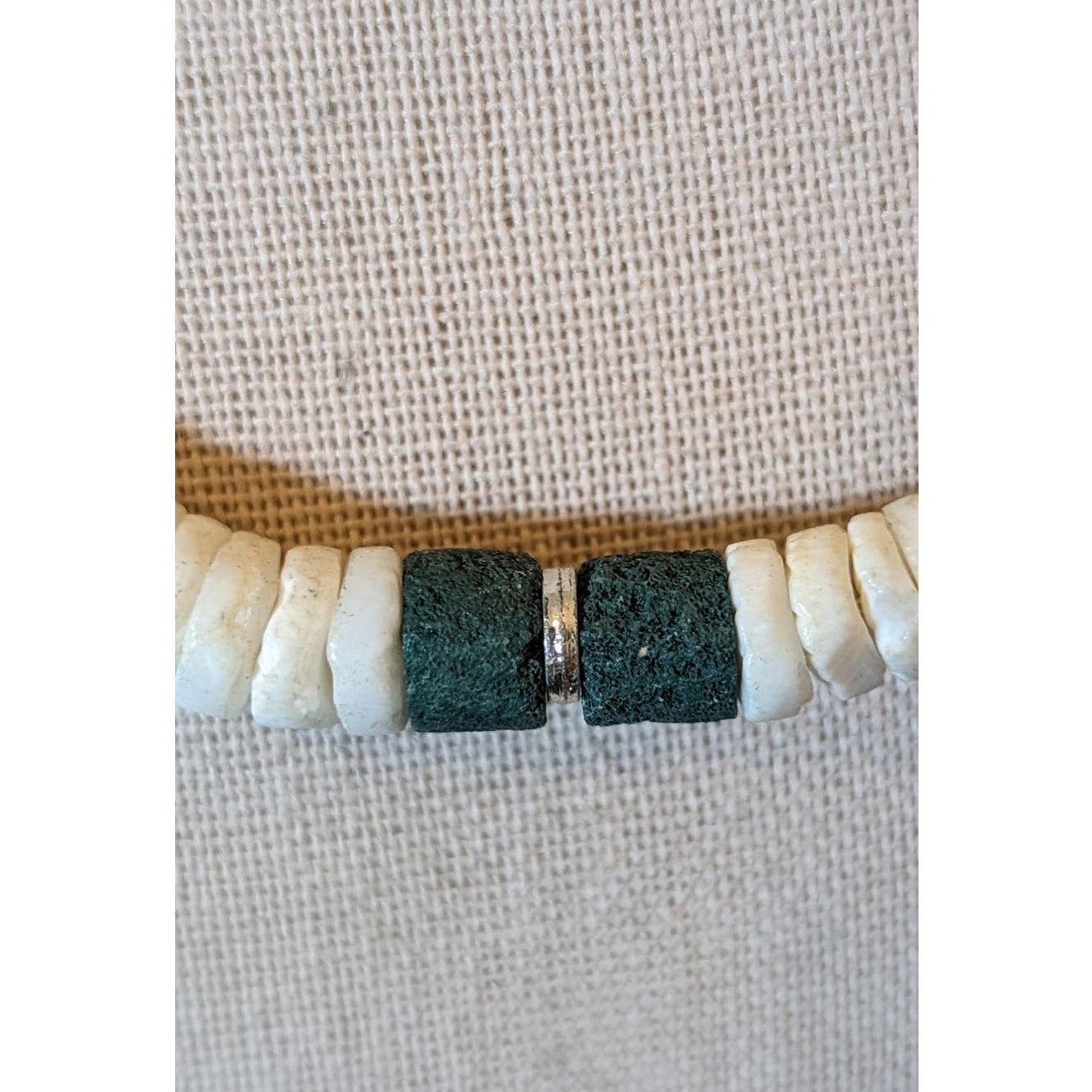 Vintage Puka Shell & Green Lava Stone Bead 15" Necklace