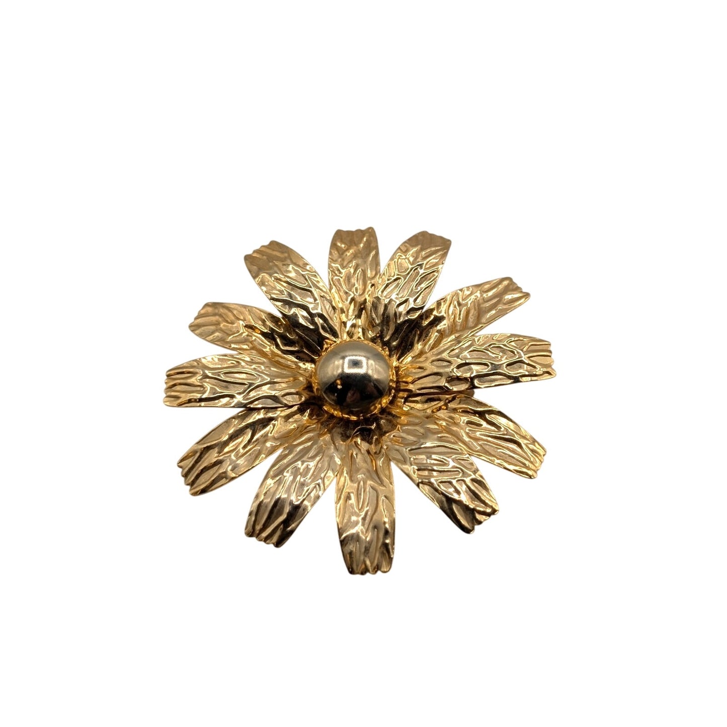 Vintage 70s Large Textured Gold Tone Long Leaf 3D Flower Brooch
