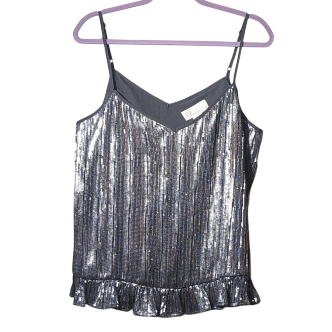 Anthropologie Silver Sequin Ruffle Hem Cami Top Women's Size 14