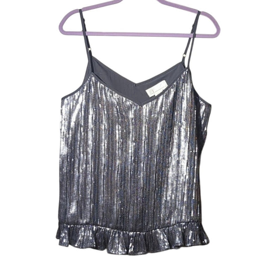 Anthropologie Silver Sequin Ruffle Hem Cami Top Women's Size 14