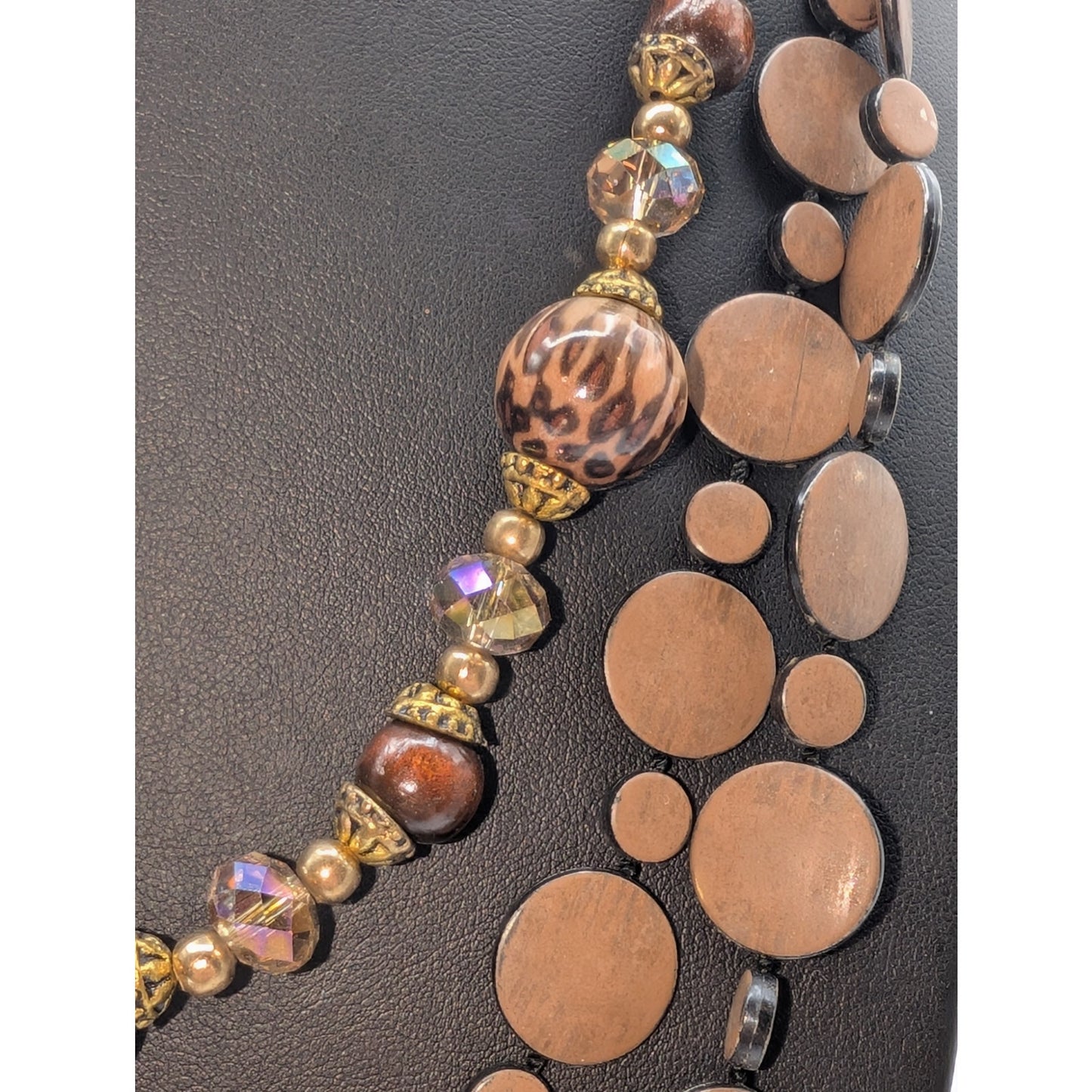 Four Piece Brown Pink Wood Crystal Animal Print Lot of 2 Necklaces & 2 Bracelets