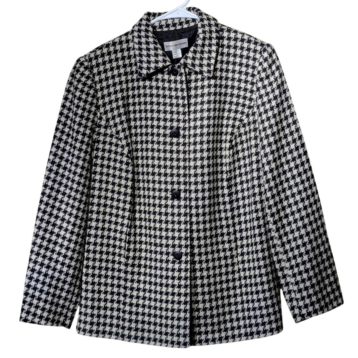 VTG August Max Woman Black/White Houndstooth Button Front Lined Jacket Sz 12W