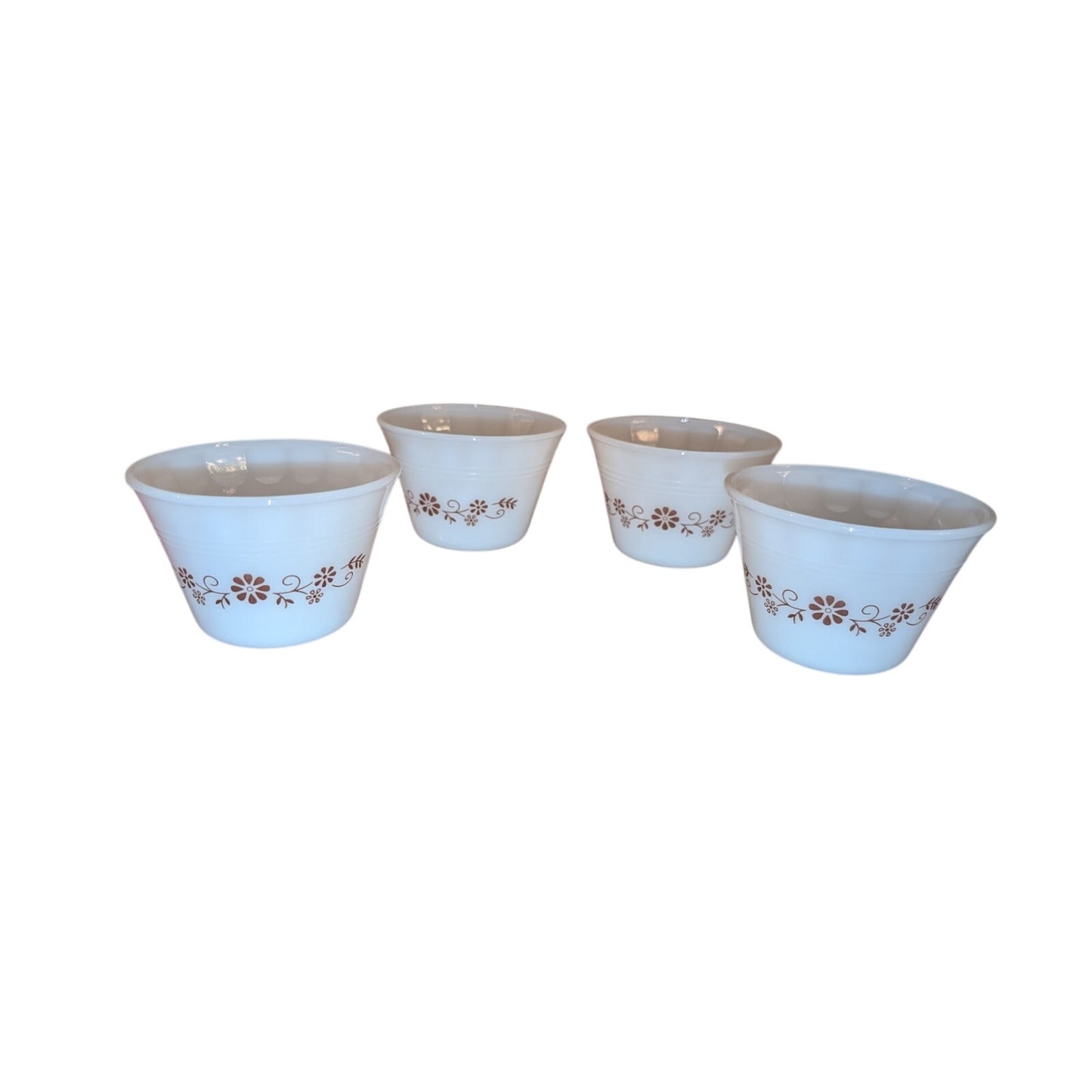 Vintage 1960s Dynaware Pyr-O-Rey Brown Daisy Milk Glass Custard Cups Set of Four