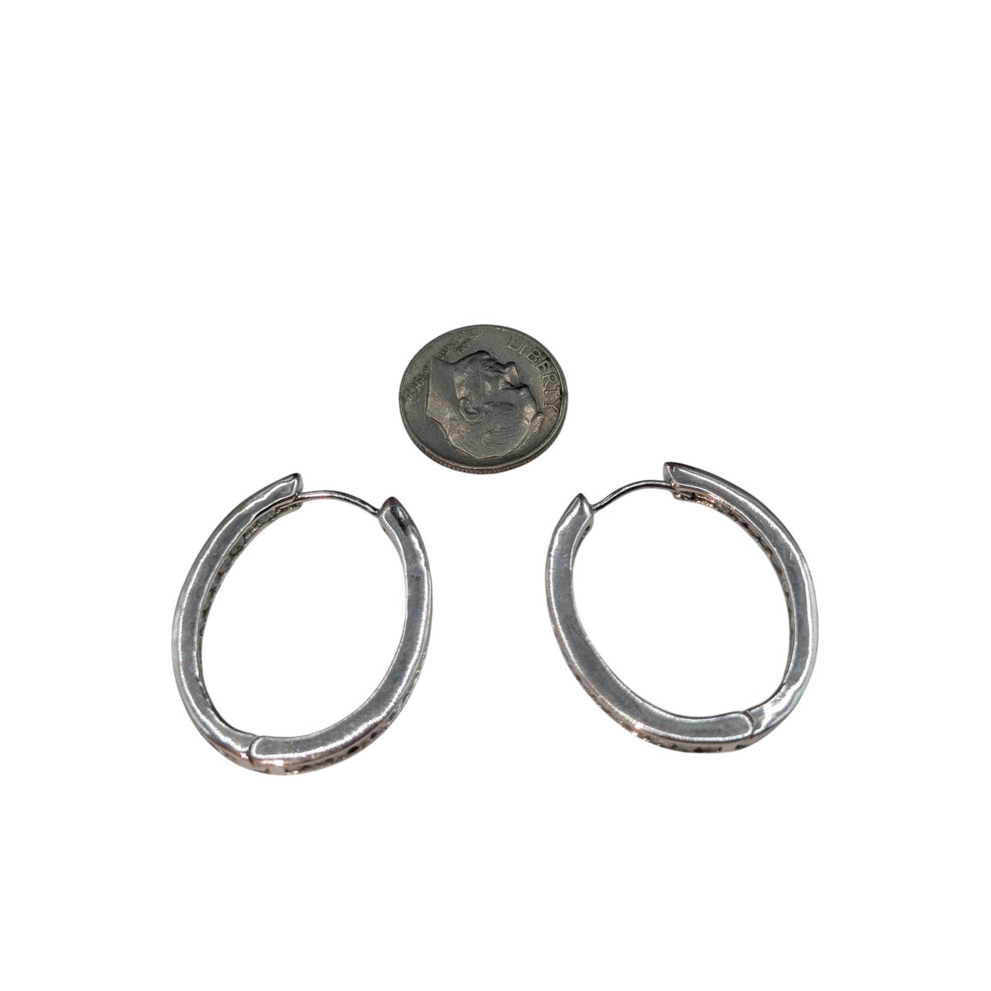 Silver Tone Non Magnetic CZ In and Out Oval Huggie Hoop Earrings