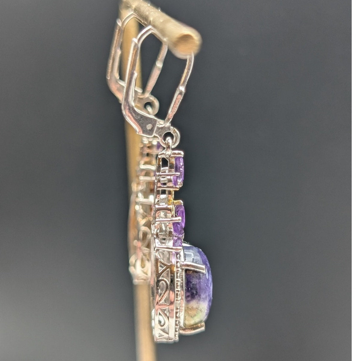 STS Sterling Amethyst/Purple Sodalite Dangle Lever-Back 1.5" Earrings 7.04g