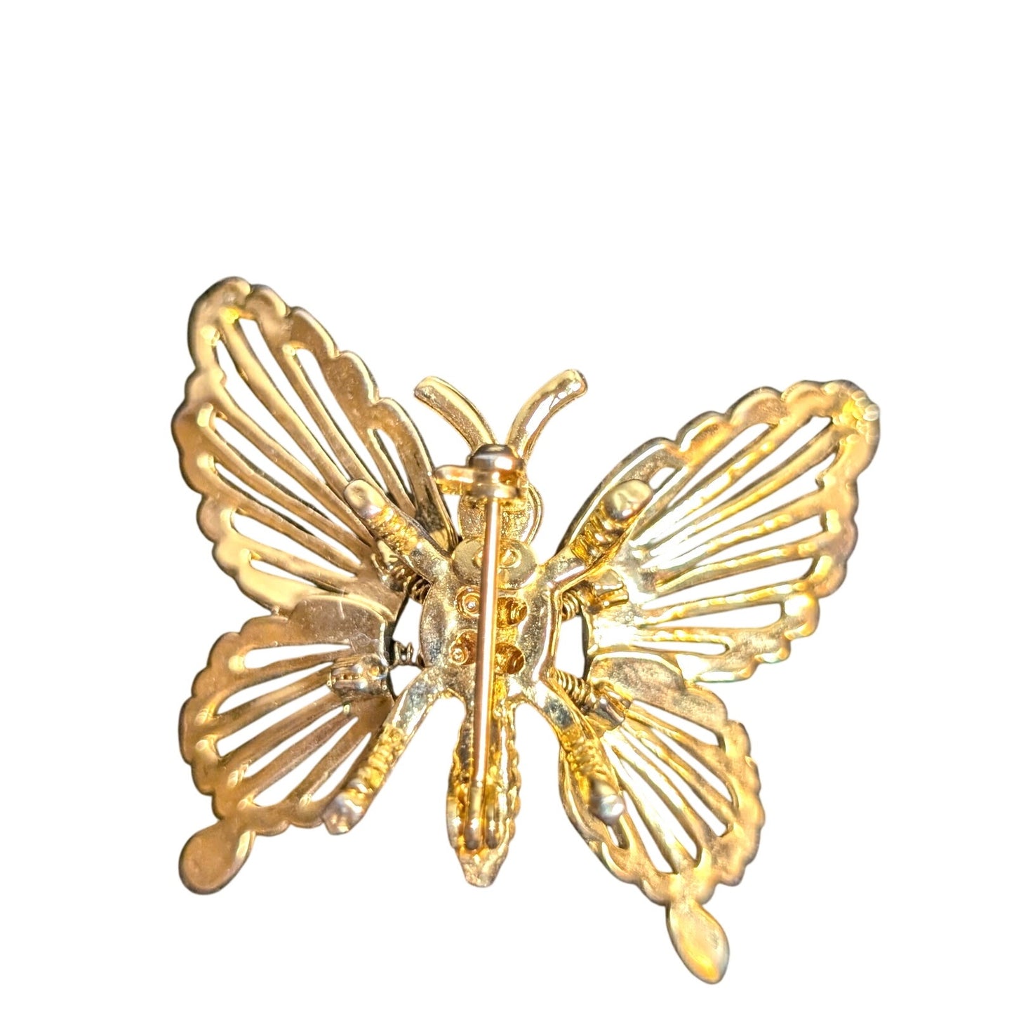 Vintage Gold Tone Butterfly W/ Spring Fluttering Wings & Red Crystal Eyes Brooch