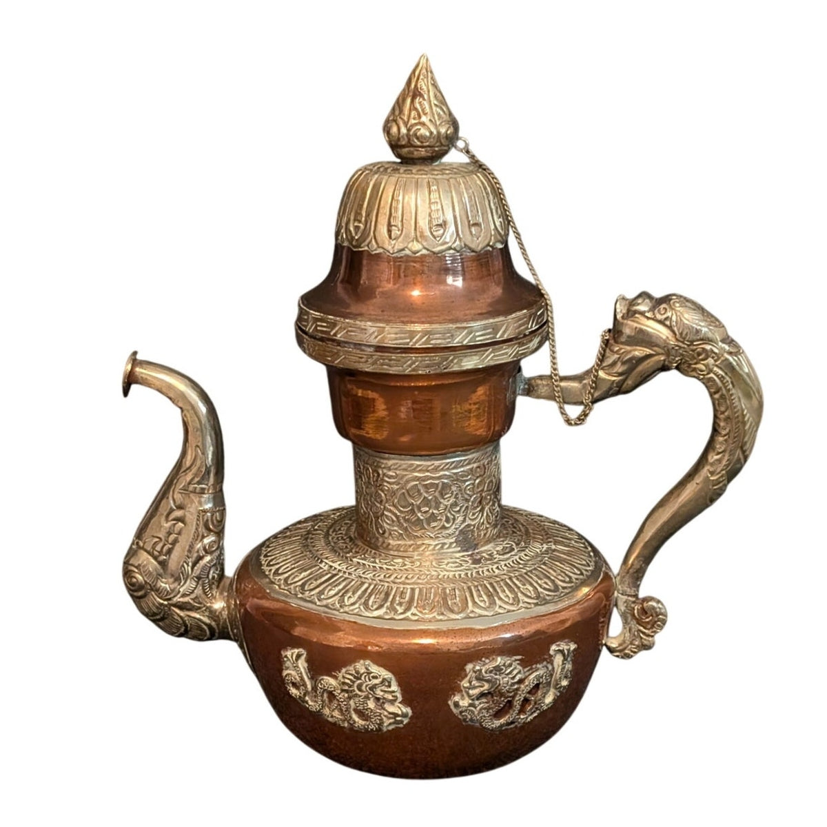 Antique 1900s Tibetan Dragon Tea Pot Ewer Copper With Silver Repose Decoration