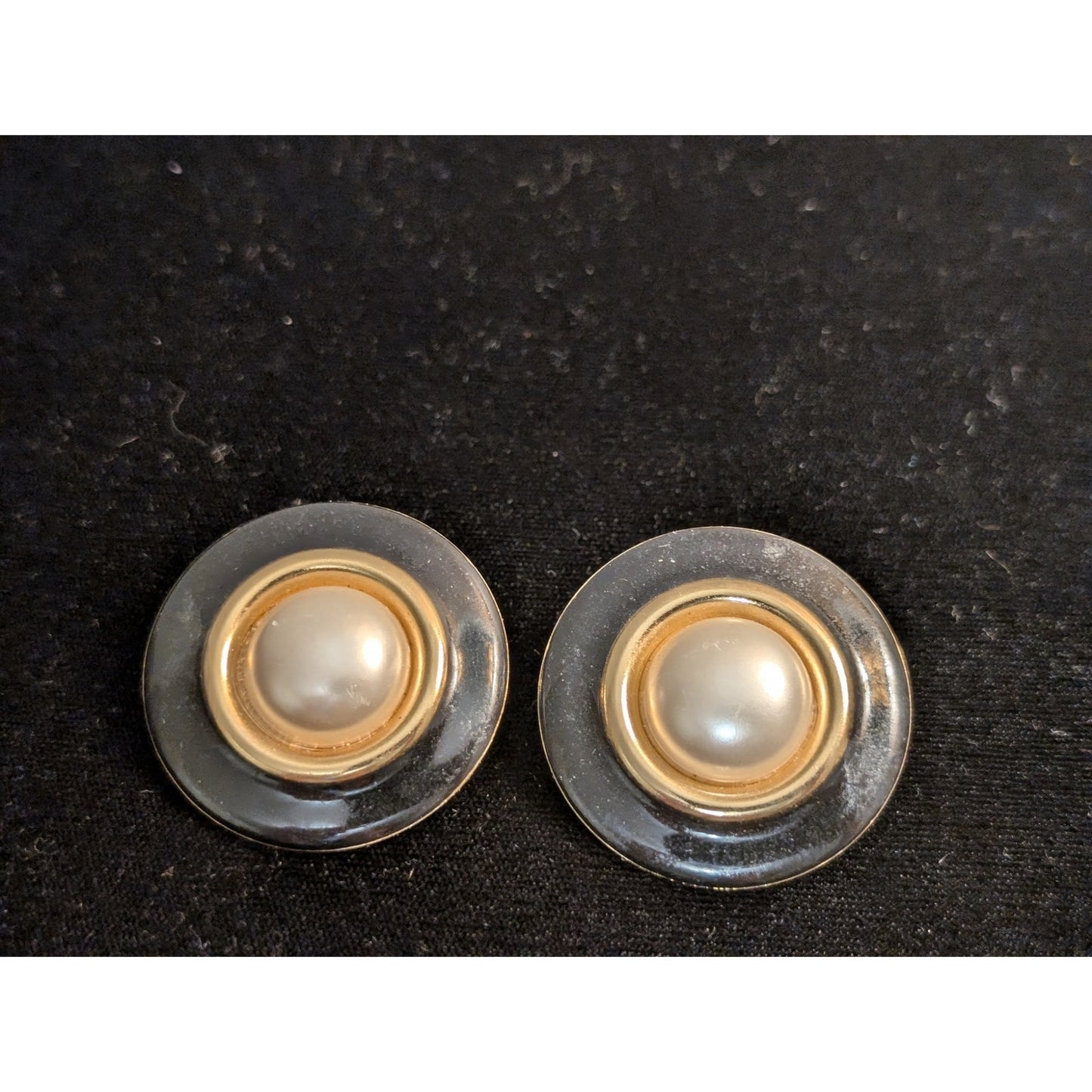Vintage 80s Large Black Enamel Gold Tone Faux Mabe Pearl Button Pierced Earrings