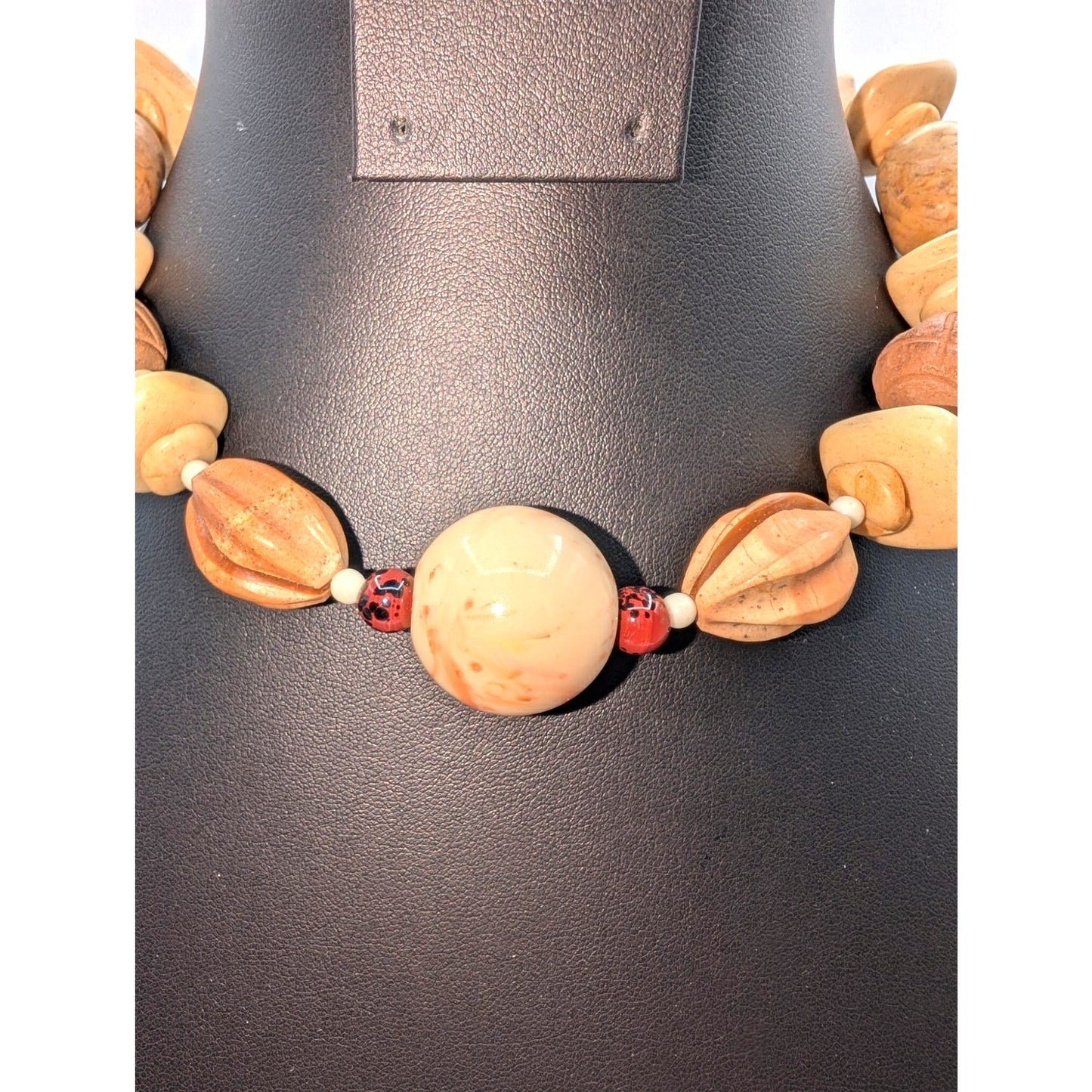 Vintage Chunky Neutral Tones Glass & Wood Beaded 17" Choker Necklace