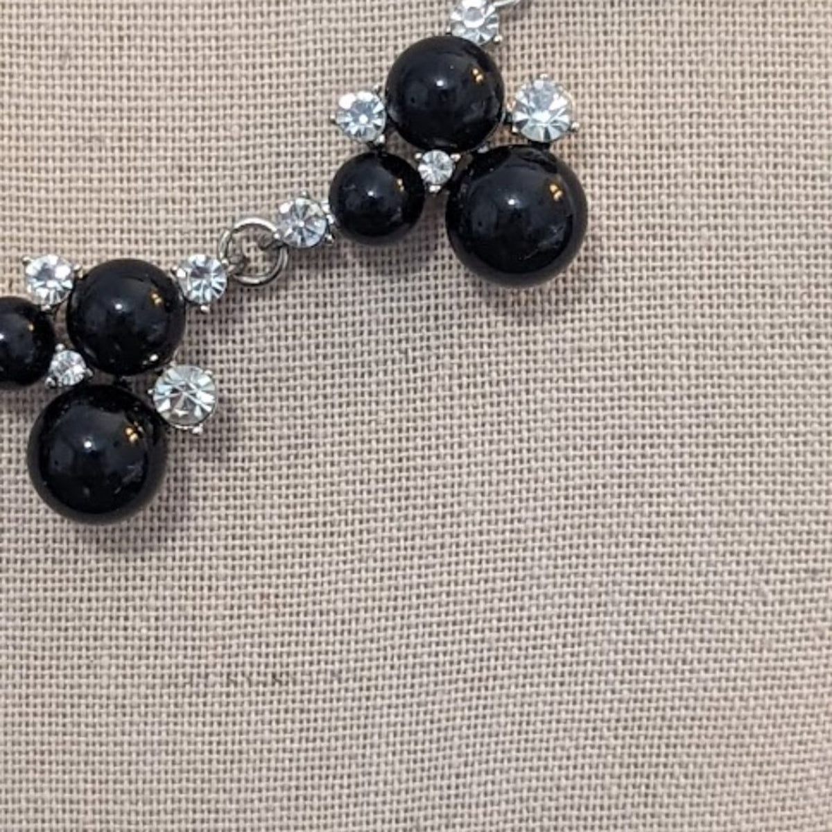 Silver Tone Rolo Chain Three Black Bead & Rhinestone Station Statement Necklace