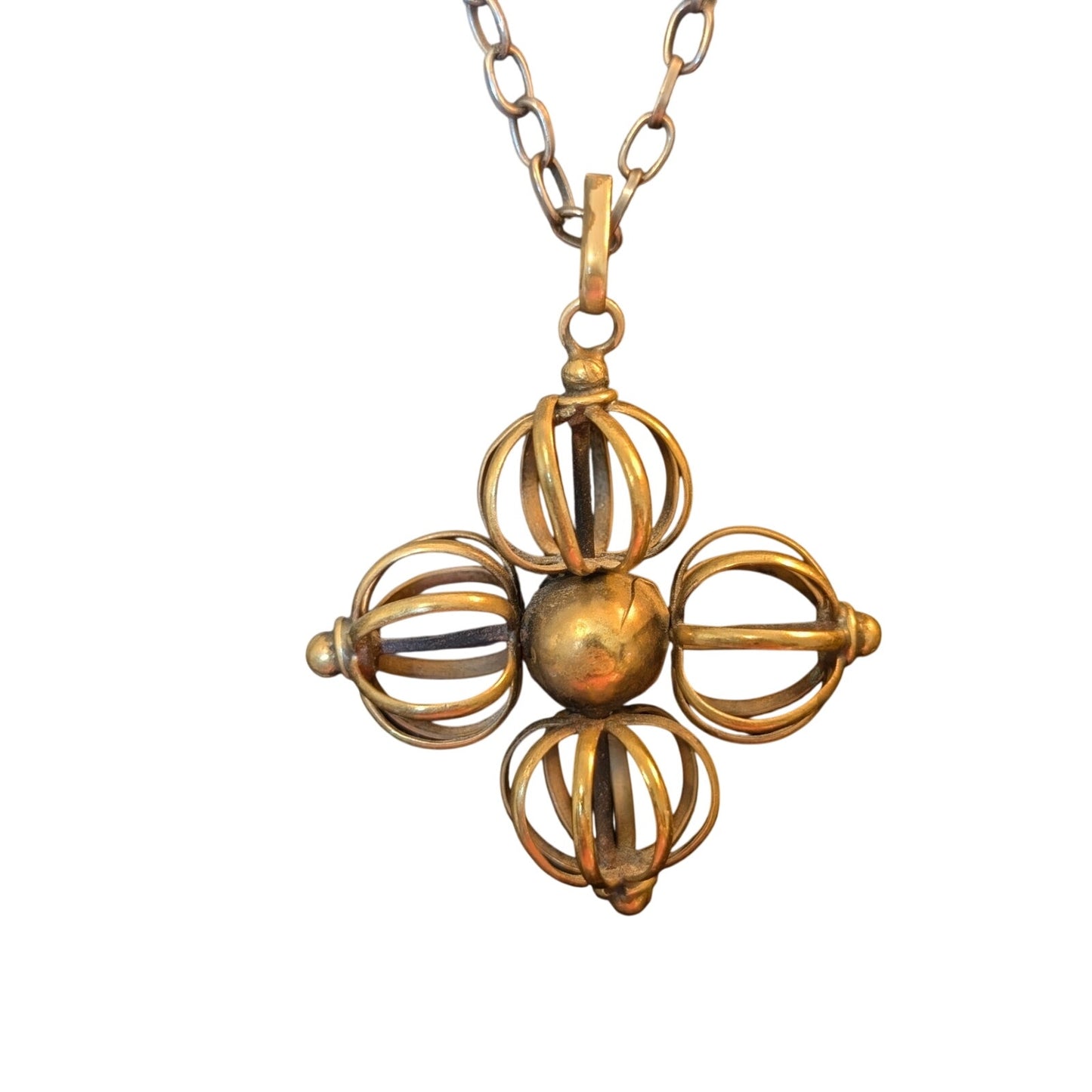 Vintage Bronze Cage Flower Pearl & Crystal Beads Rolo Link Long Boho Necklace