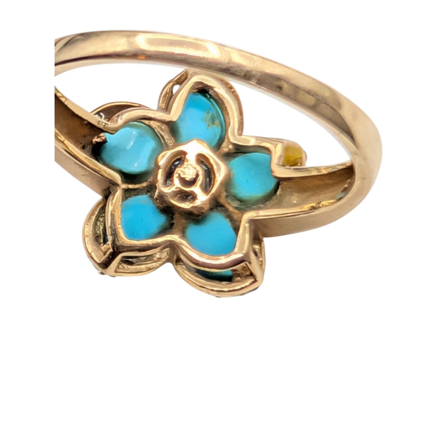 14KT Yellow Gold Carved Turquoise & Diamond Flower Ring Size 9.5