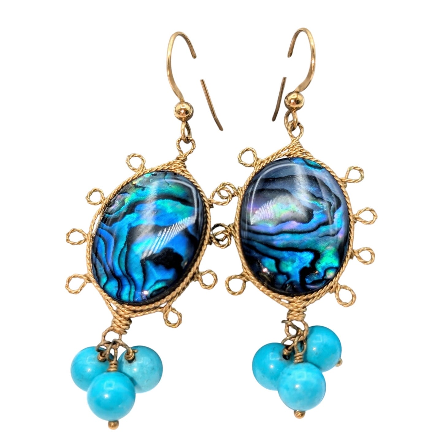 14K Gold Filled Wire Wrapped Shell Look Bead Blue Bead Dangle Artisan Earrings