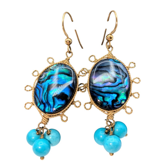 14K Gold Filled Wire Wrapped Shell Look Bead Blue Bead Dangle Artisan Earrings