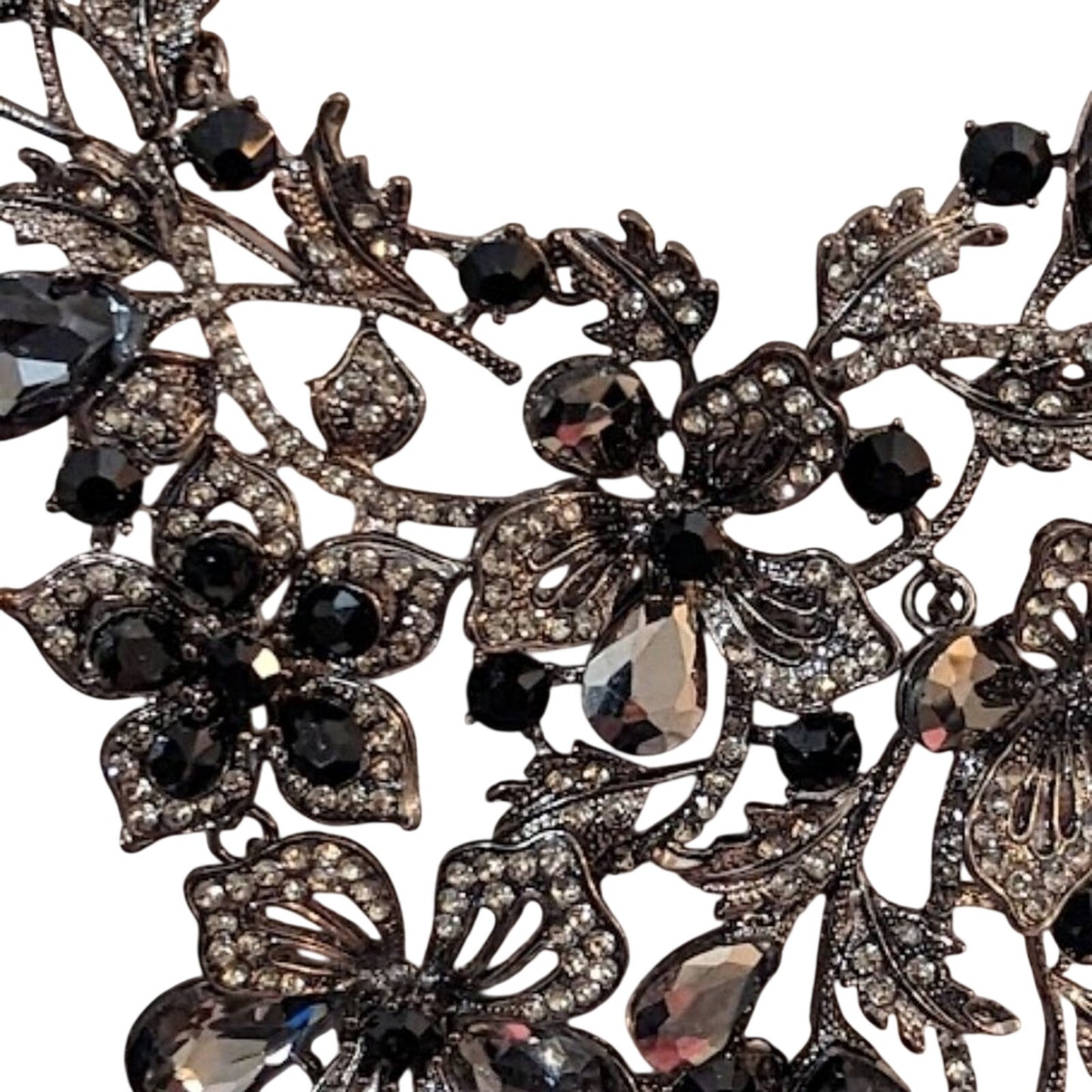 Natasha Flower Power Black Gray Metallic Stone Gun Metal Cascade Necklace