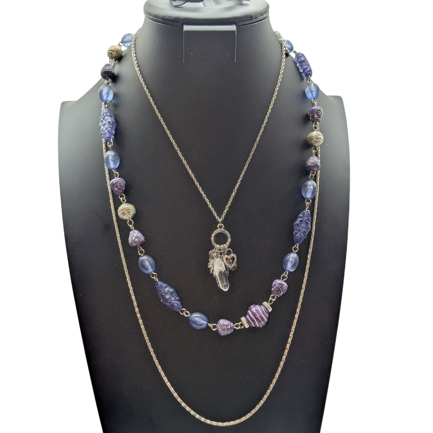 Lot of Three Silver Tone Necklaces --Vtg Long Chain Purple Bead & Charm Pendant