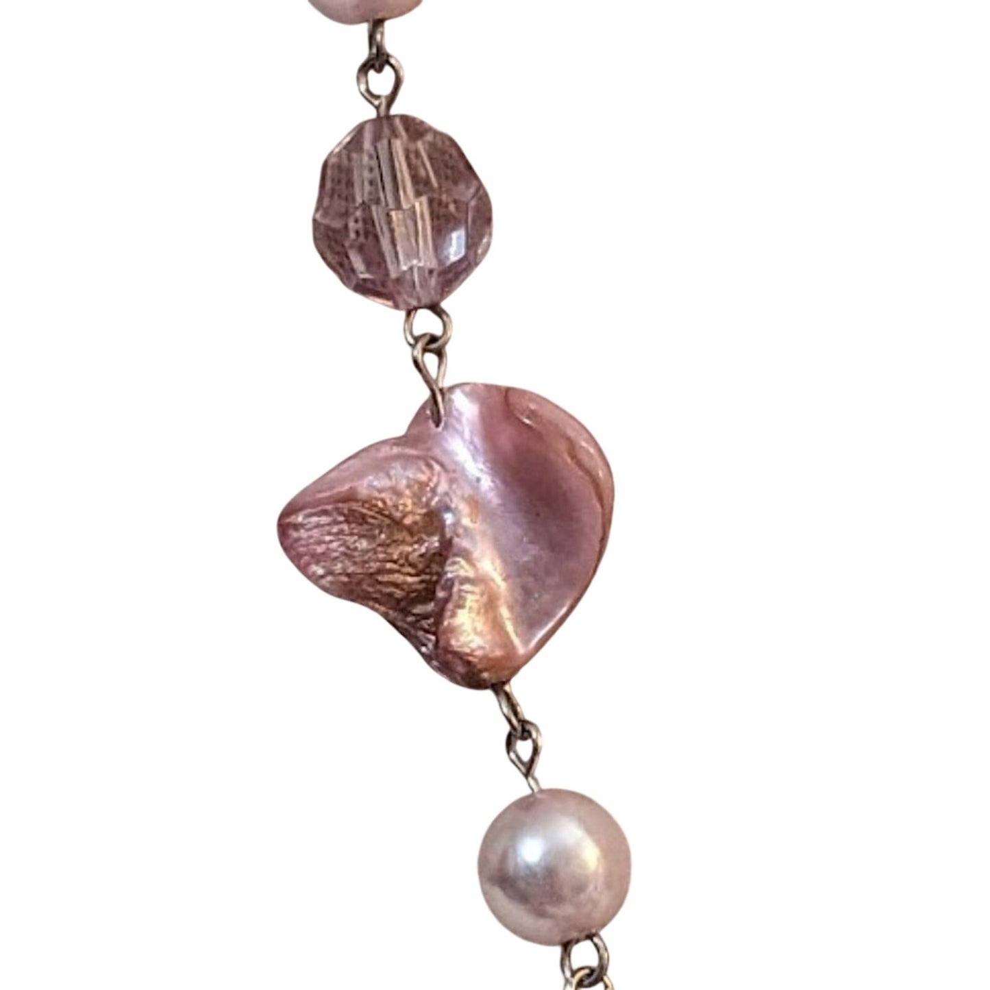 Pink Shell Faux Pearl Pink & Clear Faceted Beaded Cluster Pendant Chain Necklace