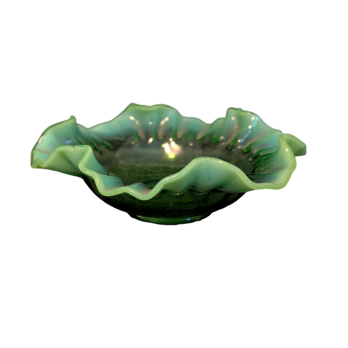 Vintage Green Opalescent Ruffled Edge Fenton Art Glass Bowl -- Read Description