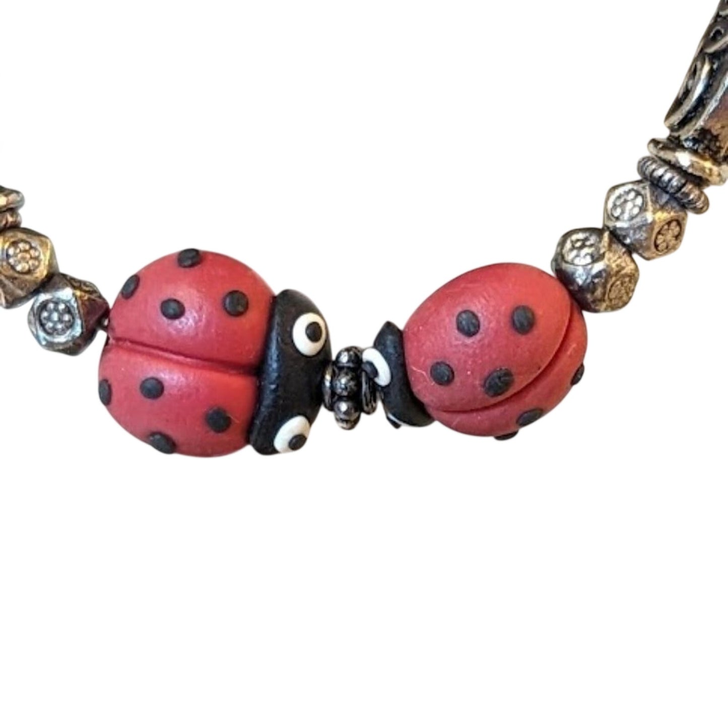 Kissing Ladybugs Silver Tone Beaded Toggle Bracelet