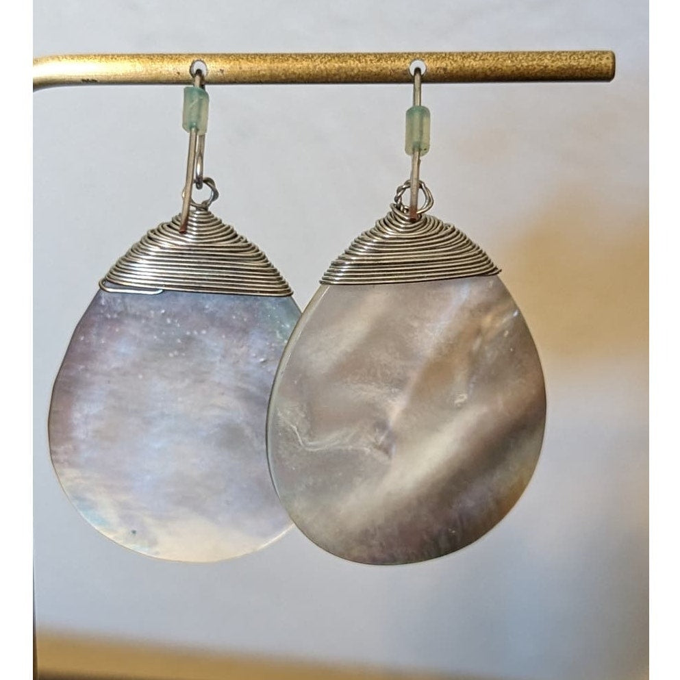 Abalone Mother of Pearl Teardrop Silver Wire Wrapped Earrings