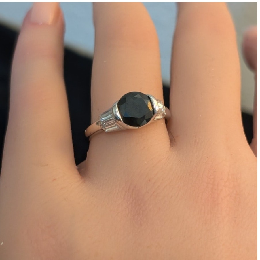 925 Sterling Silver Round Faceted Black & Tapered Baguette Crystal Ring Sz 8