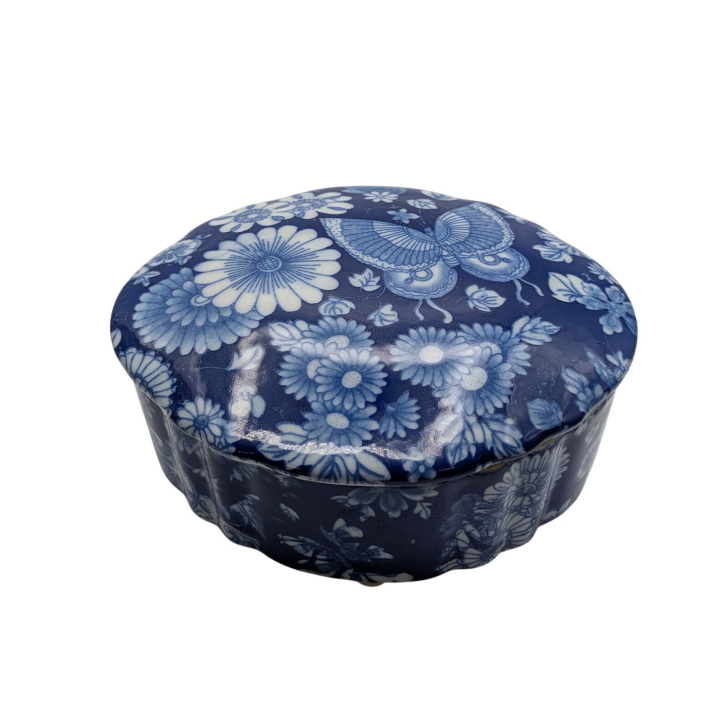Vintage Blue & White Floral Butterfly Ceramic Trinket Box W/ Lid