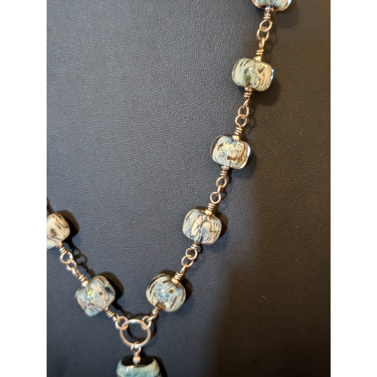 Signed 'Moon' Turquoise Brown Cream Striped Lampwork Bead Sterling Necklace