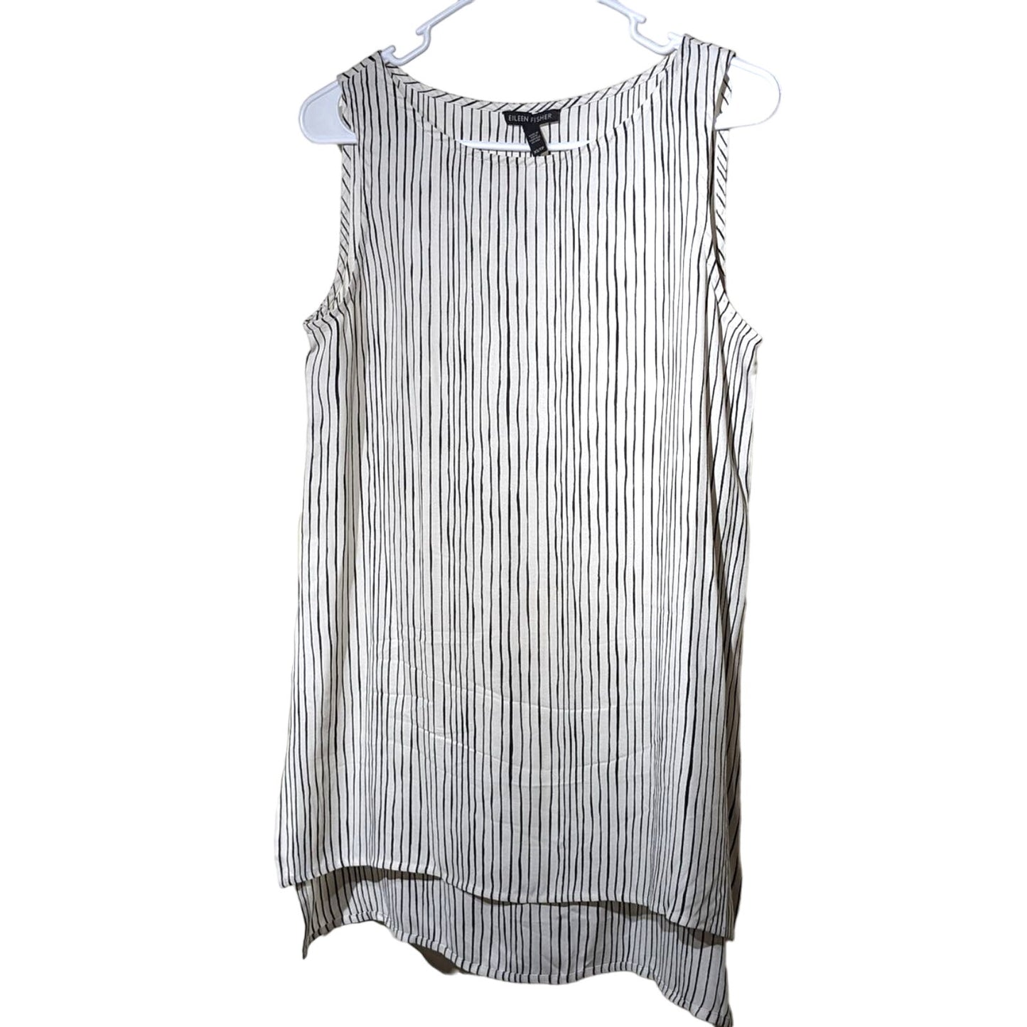 Eileen Fisher Linear Printed Silk Bateau Neck Long Shell Bone/Black Womens Sz XS