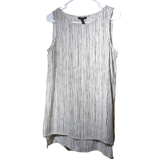 Eileen Fisher Linear Printed Silk Bateau Neck Long Shell Bone/Black Womens Sz XS