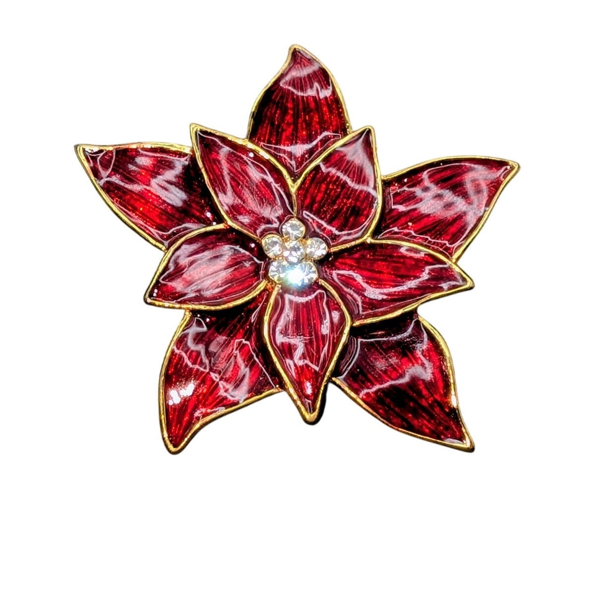 VTG Signed EISENBERG ICE Ice Red Enamel Crystal Poinsettia Flower 2" Brooch