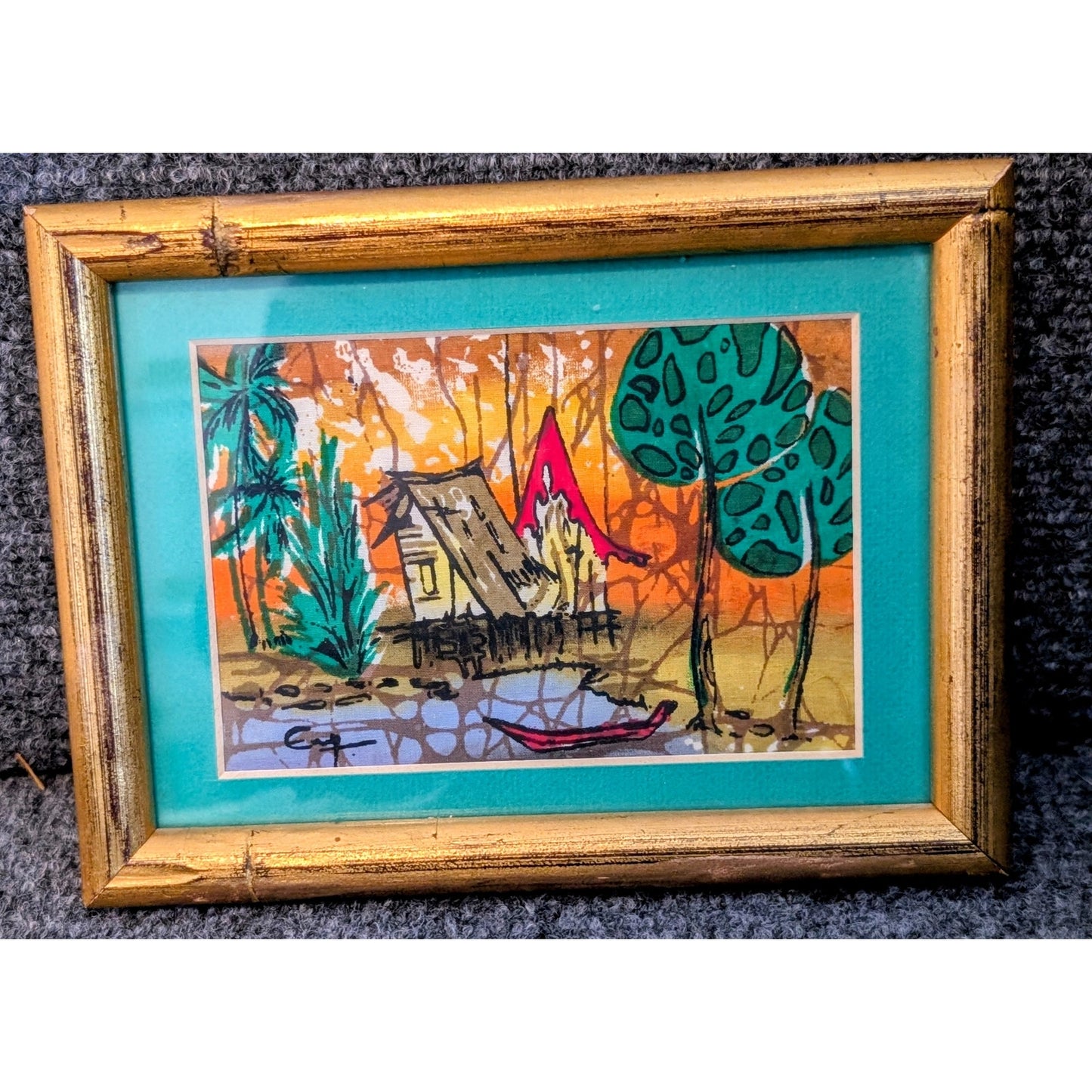 Vintage Signed Malaysian Village Batik Gilt Wood Framed Small Art Under Glass