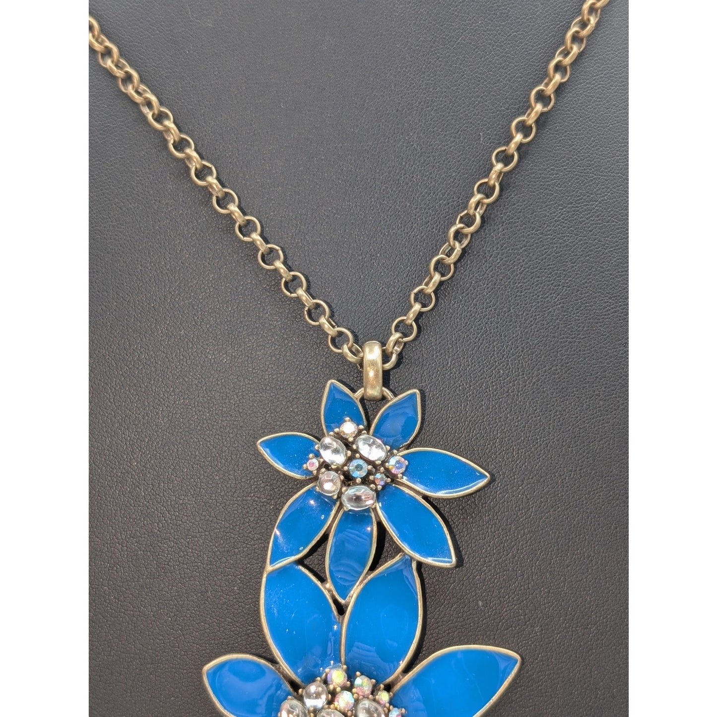 Coldwater Creek Blue Enamel AB Rhinestone Floral Antiqued Gold Chain Necklace