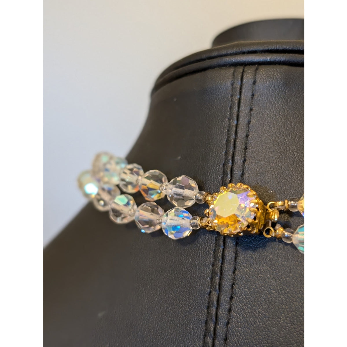 Vintage 1950s Double Strand Faceted Austrian AB Crystal Fancy Clasp Necklace