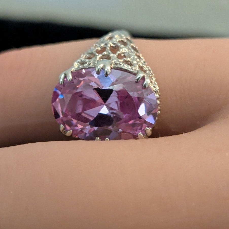 Large Brilliant Rose de France Crystal CZ 925 Sterling Filigree Ring Size 7.75